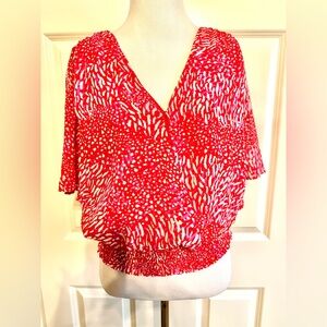 Lush Red and Pink Women's Patterned Blouse Top Flowy Cinched Waist